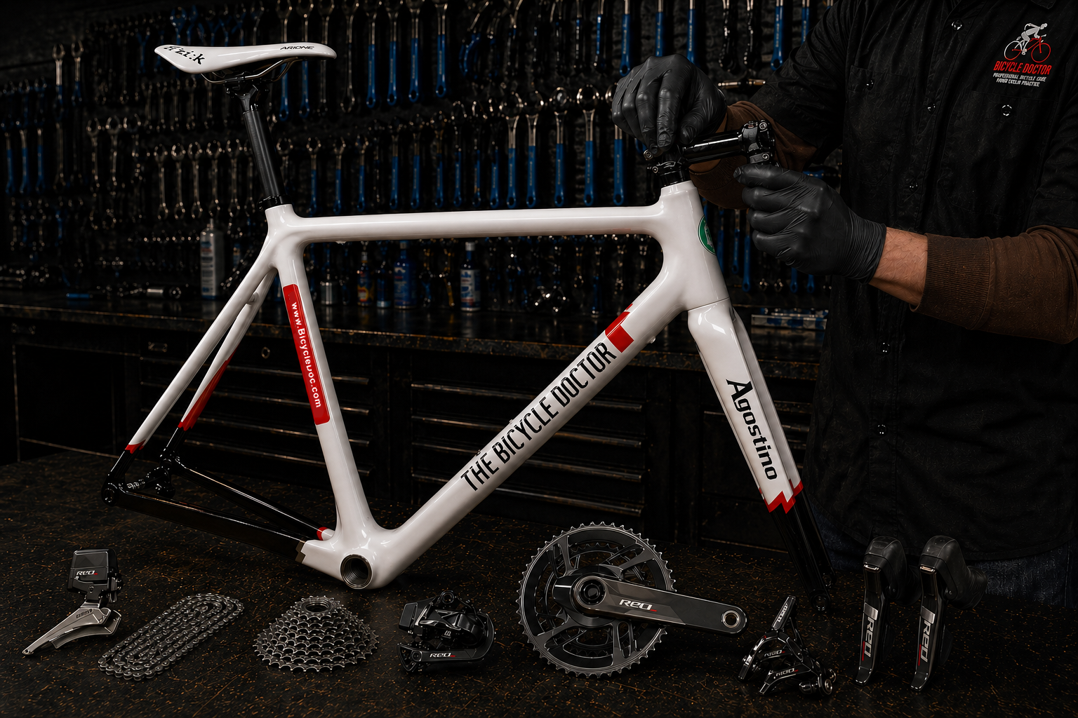 Custom bicycle build in progress on wirkbench