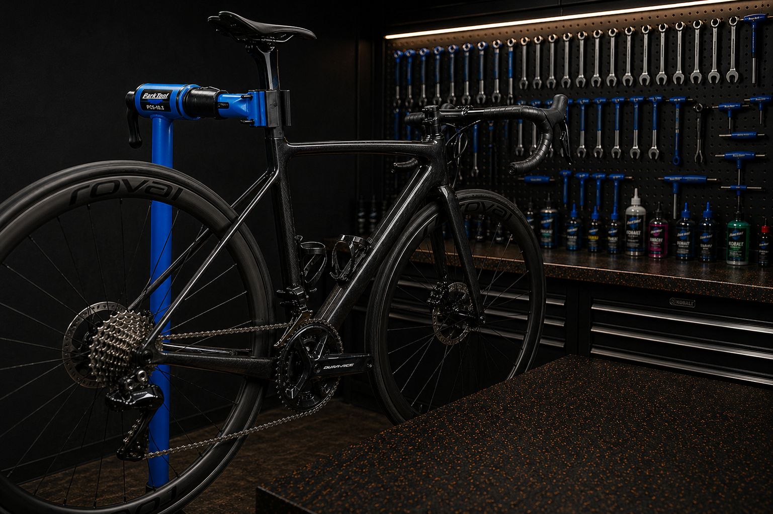 Road bicycle in repair stand